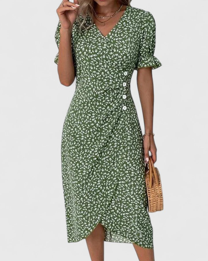 Mila – V-neck Printed Button Dress - Image 1