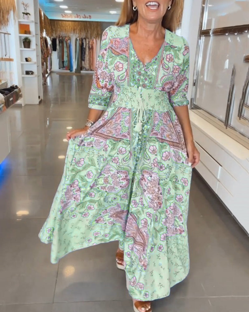 Lisa – Floral V-neck and 3/4 Sleeves Dress - Image 9