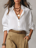 Button-Up Blouse Women's Relaxed Fit with Roll-Up Sleeves - Image 1