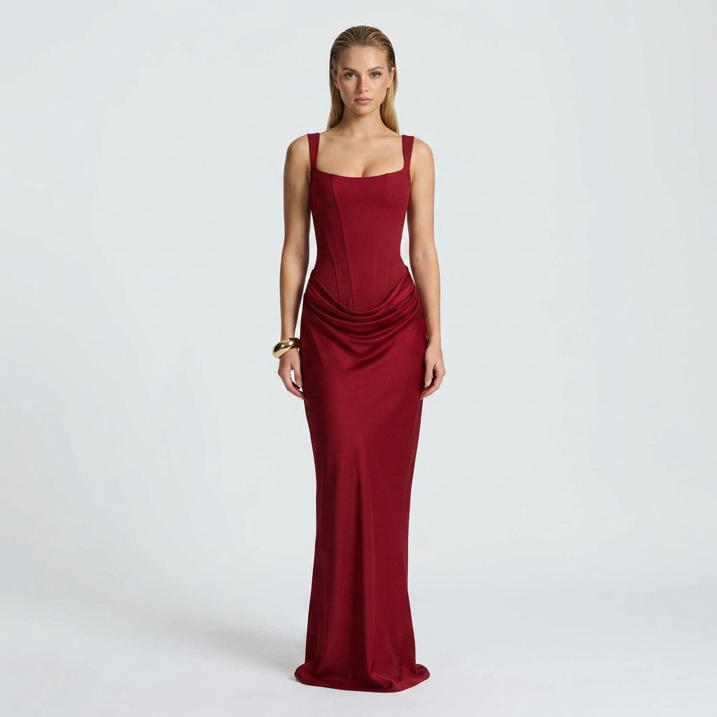 Elegant Women's Maxi Dress in Rich Chocolate Brown with Flattering Draped Detail - Image 5