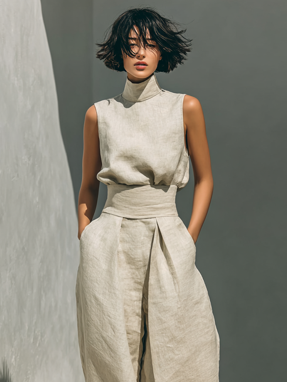Wide Leg Jumpsuit Women's Fluid Linen Look with Waist Definition - Image 6