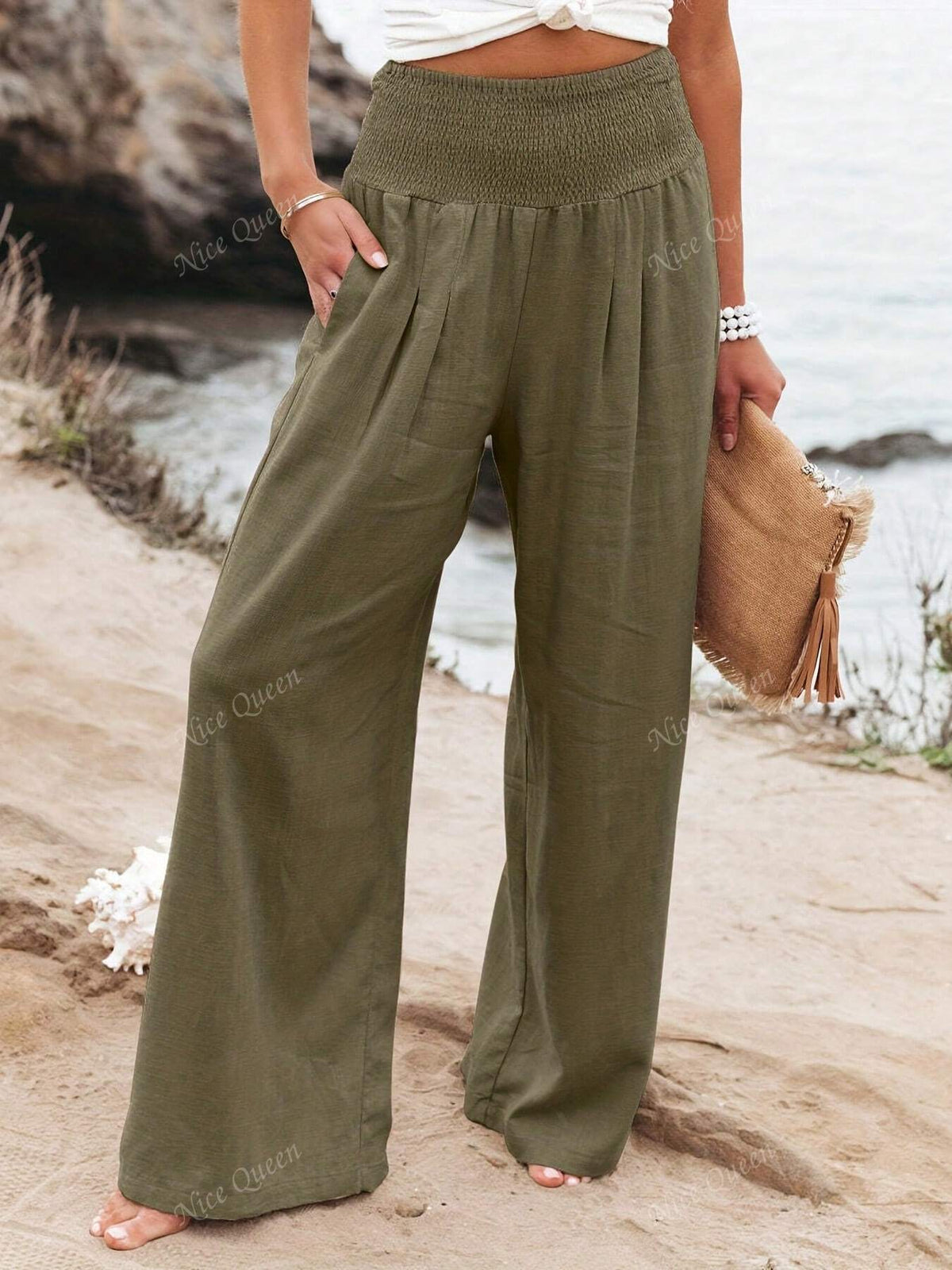 Wide Leg Pants Women's Smocked Waist with Pockets - Image 4