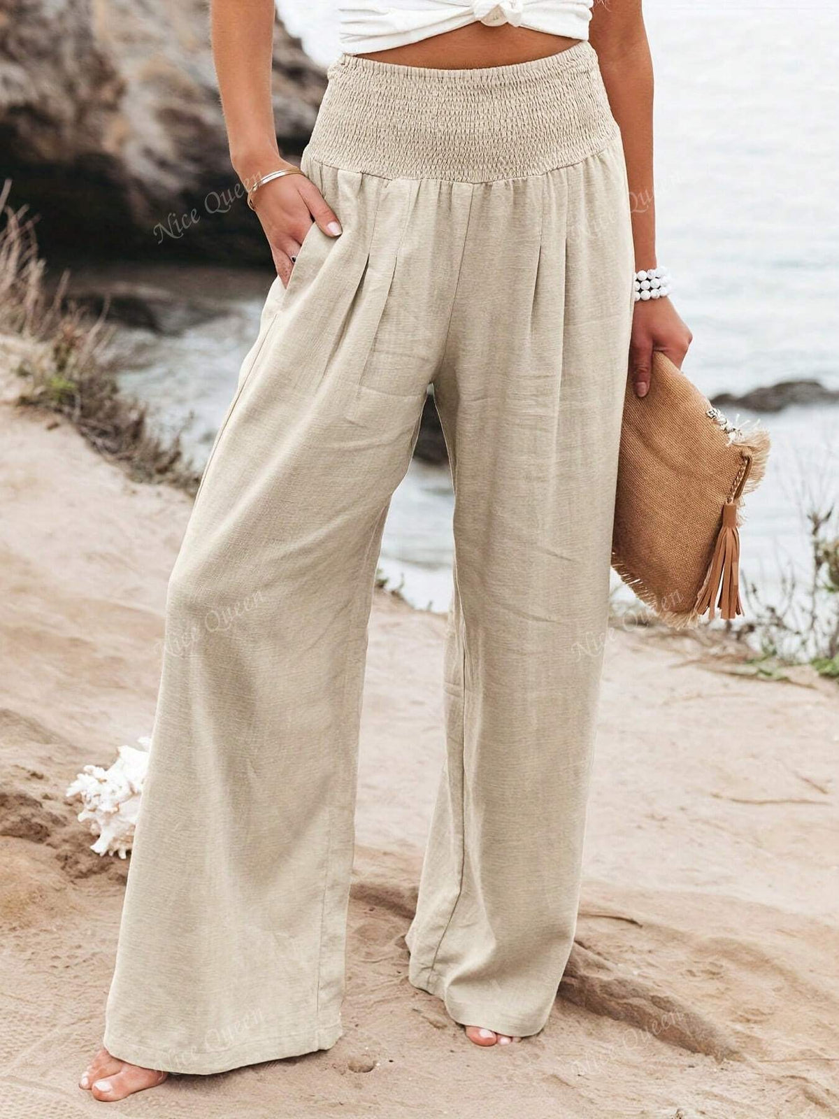 Wide Leg Pants Women's Smocked Waist with Pockets - Image 1