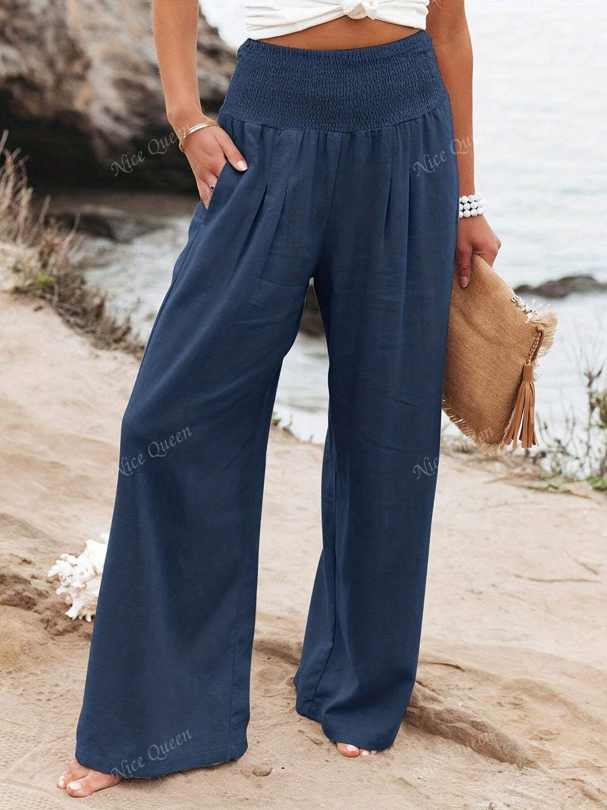 Wide Leg Pants Women's Smocked Waist with Pockets - Image 8
