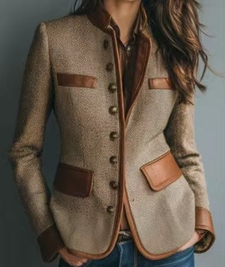 Elegancka damska marynarka z tweedu z wykończeniem ze sztucznej skóry - L&S; - 2 - Livia-Moda