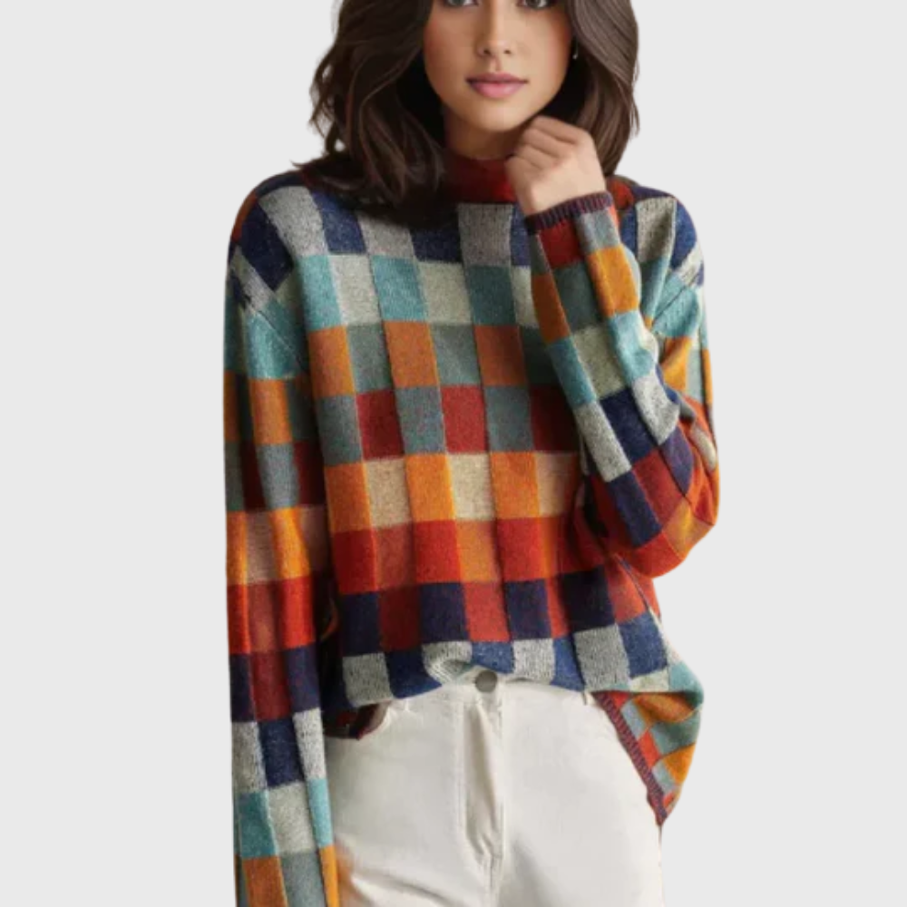 Stylowy damski sweter z wysokim kołnierzem, o żywych wzorach w kratę i luźnym kroju - L&S; - 1 - Livia-Moda