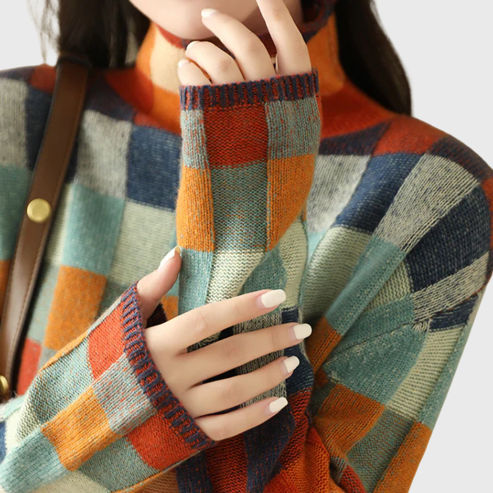 Stylowy damski sweter z wysokim kołnierzem, o żywych wzorach w kratę i luźnym kroju - L&S; - 5 - Livia-Moda