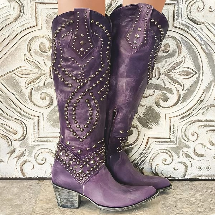 Damskie buty westernowe do kolan z ozdobnymi nitami - J&B; - 1 - Livia-Moda