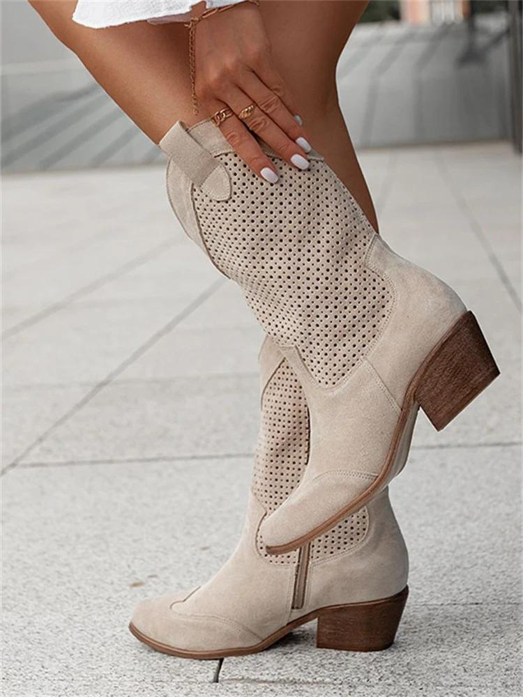 Damskie buty w stylu westernowym z grubym obcasem i perforowanym wzorem - J&B; - 5 - Livia-Moda