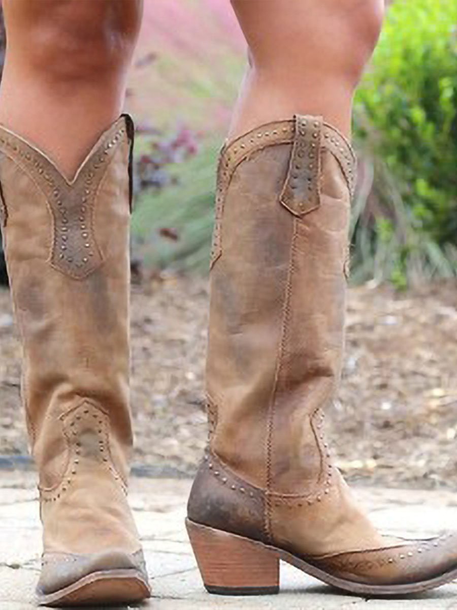 Damskie buty kowbojskie do kolan z nitami - J&B; - 3 - Livia-Moda
