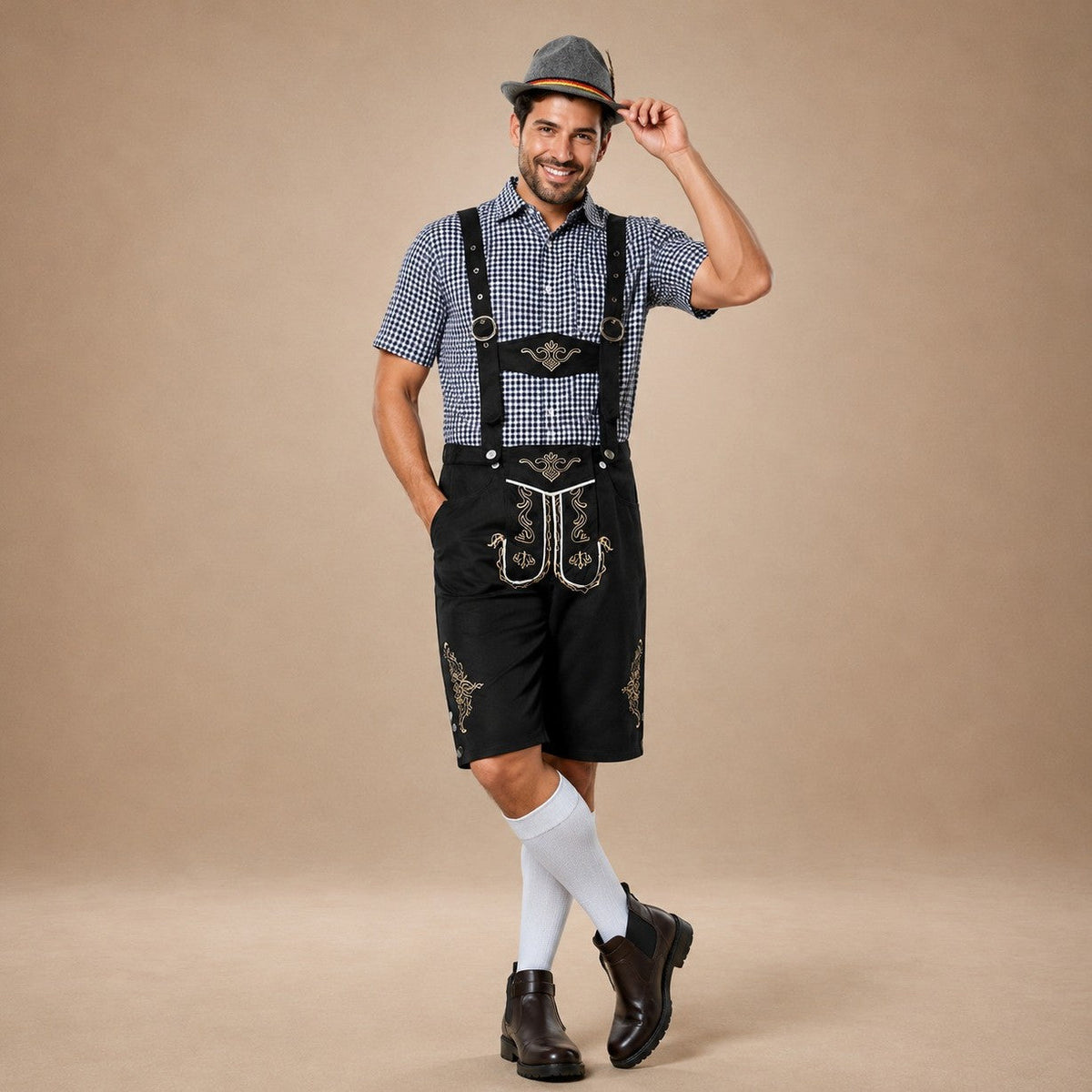 Tradycyjne, haftowane szorty na Oktoberfest dla mężczyzn z szelkami - J&B; - 6 - Livia-Moda