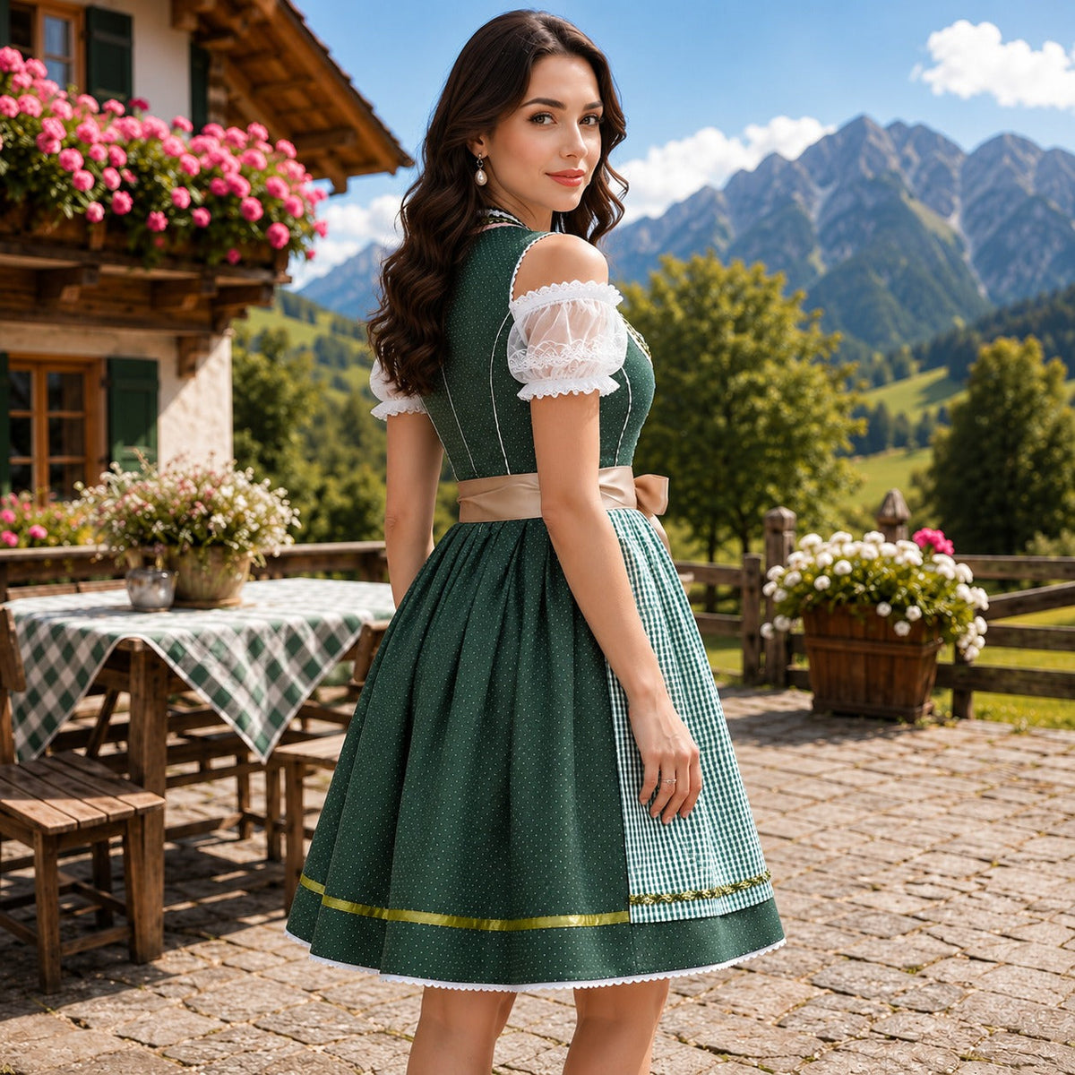 Sukienka mini dirndl damska z odkrytymi ramionami i kokardą | L&V - 2 - Livia-Moda