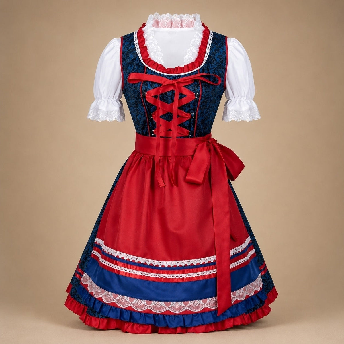 Sukienka dirndl damska z koronkowymi rękawami i paskiem w talii | L&V - 4 - Livia-Moda