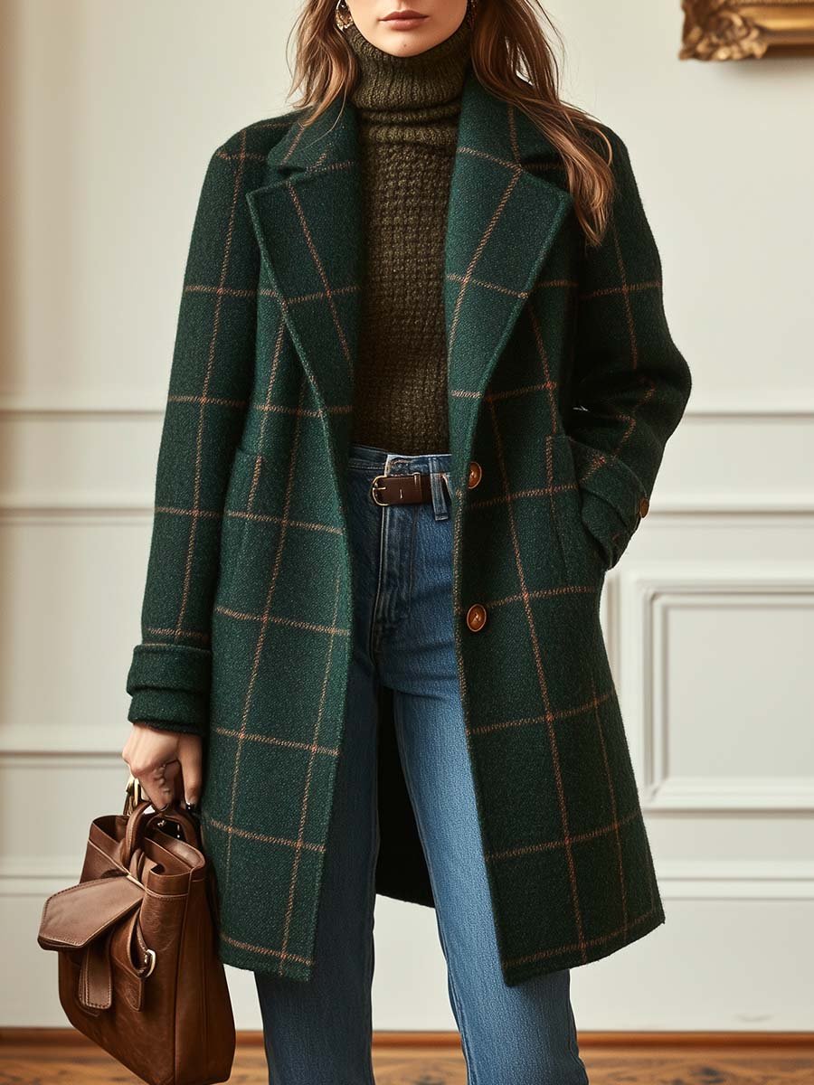 Wollmantel Damen mit Reverskragen und Karomuster | A&B - 1 - Annoboutique