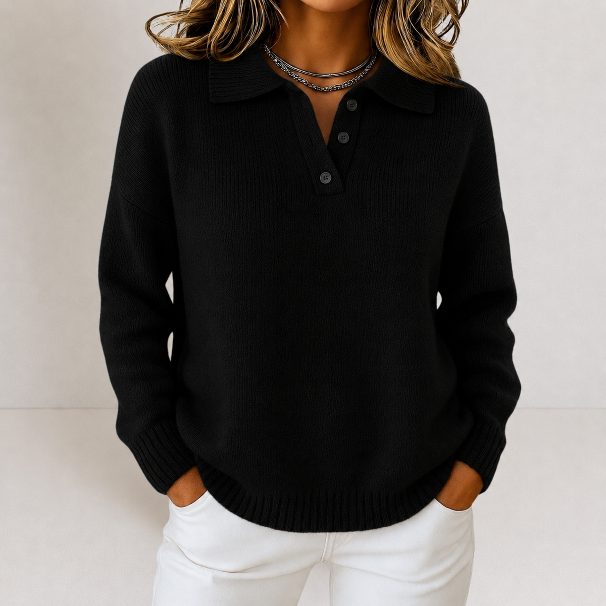 Pullover damski z kołnierzykiem polo i listwą guzikową | L&V - 5 - Livia-Moda