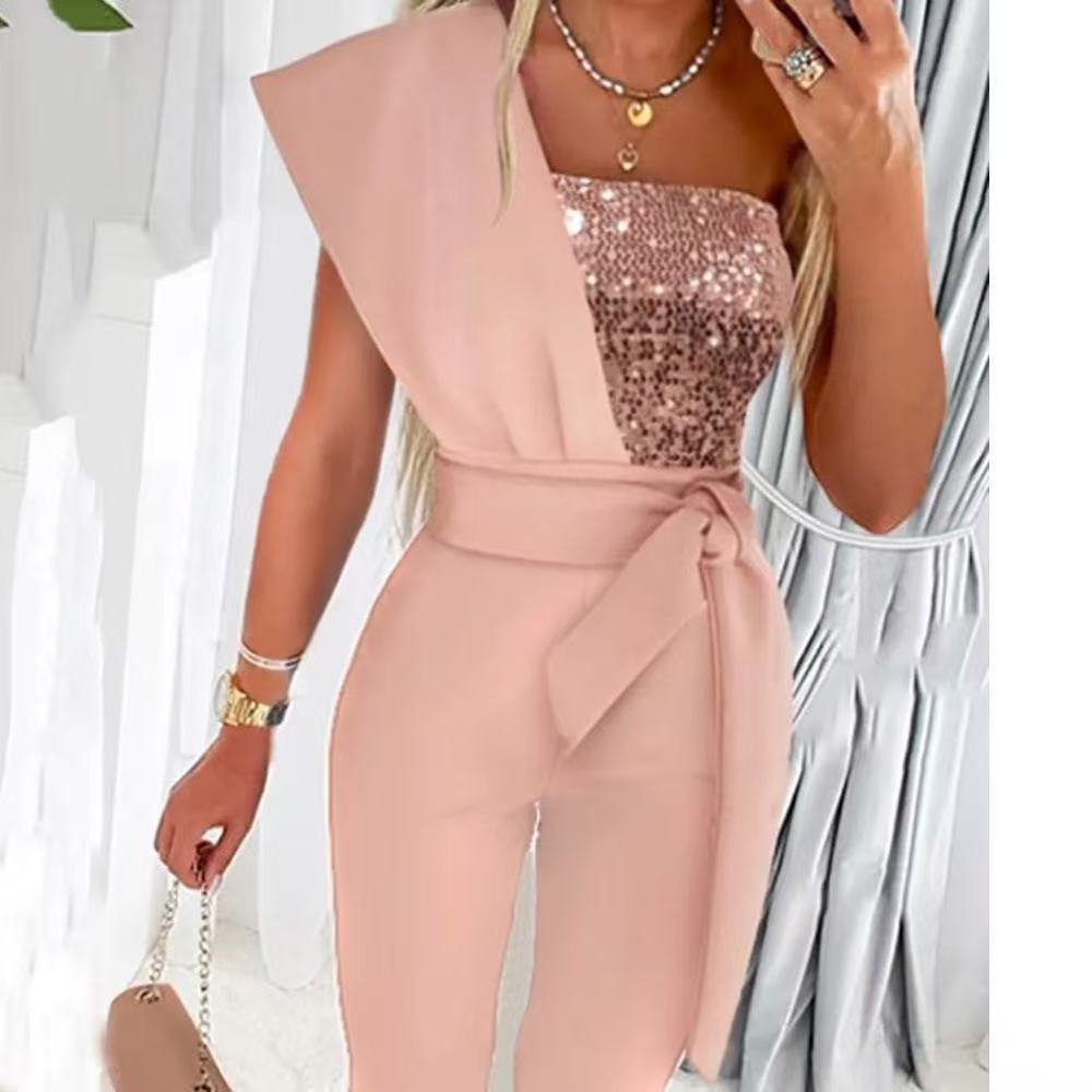 Jumpsuit damski z asymetrycznym krojem i taliowanym fasonem | L&V - 2 - Livia-Moda