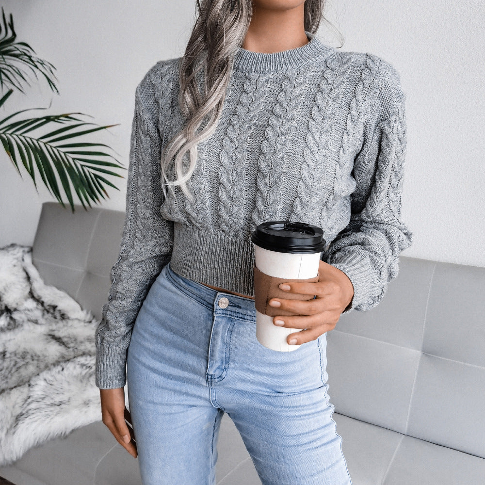 Pullover damski z warkoczowym splotem i krojem cropped | L&V - 1 - Livia-Moda