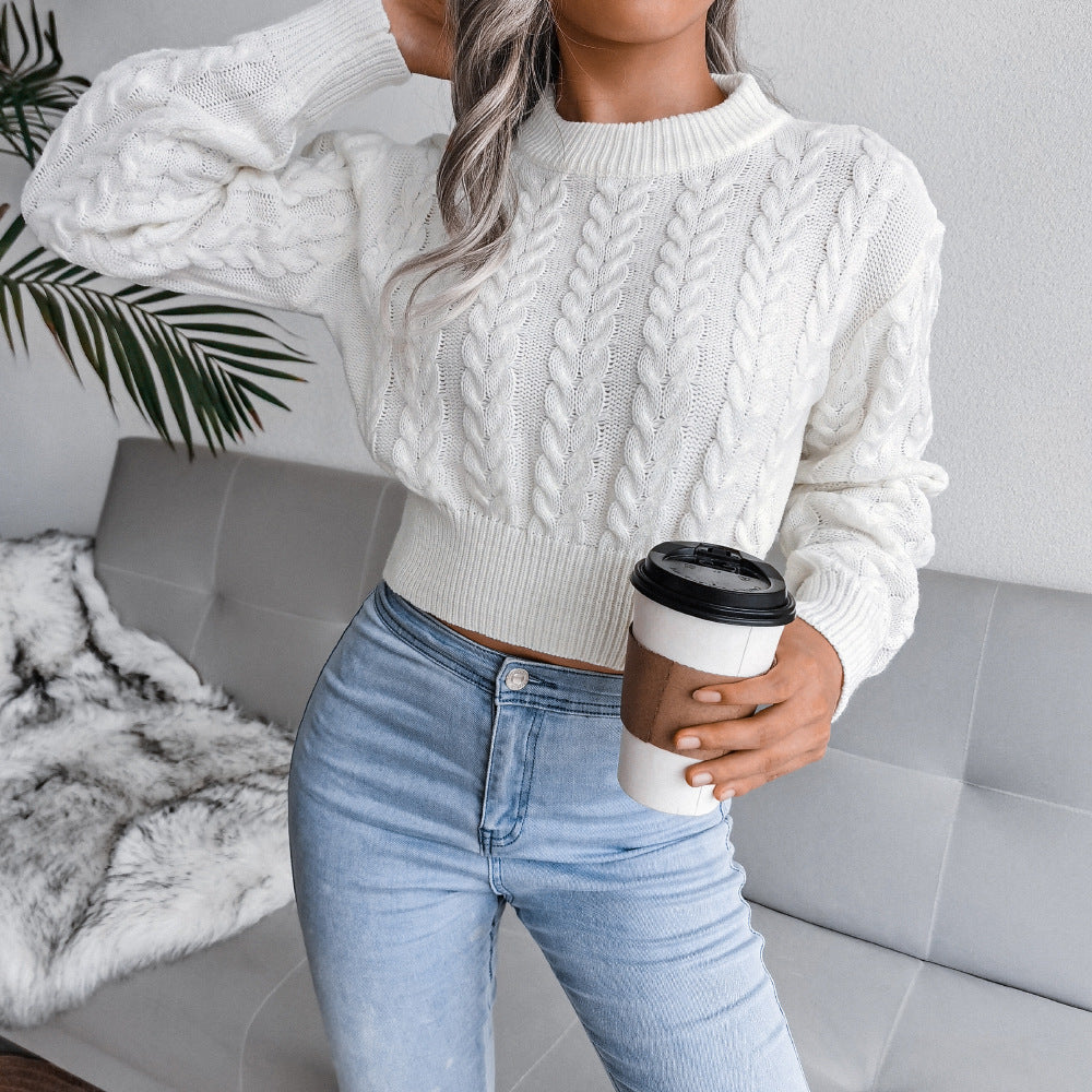 Pullover damski z warkoczowym splotem i krojem cropped | L&V - 3 - Livia-Moda