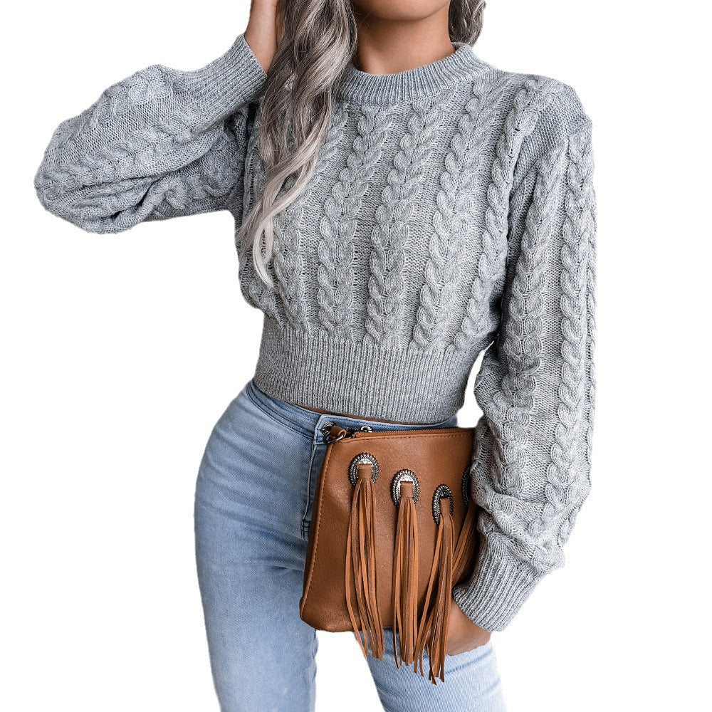 Pullover damski z warkoczowym splotem i krojem cropped | L&V - 4 - Livia-Moda