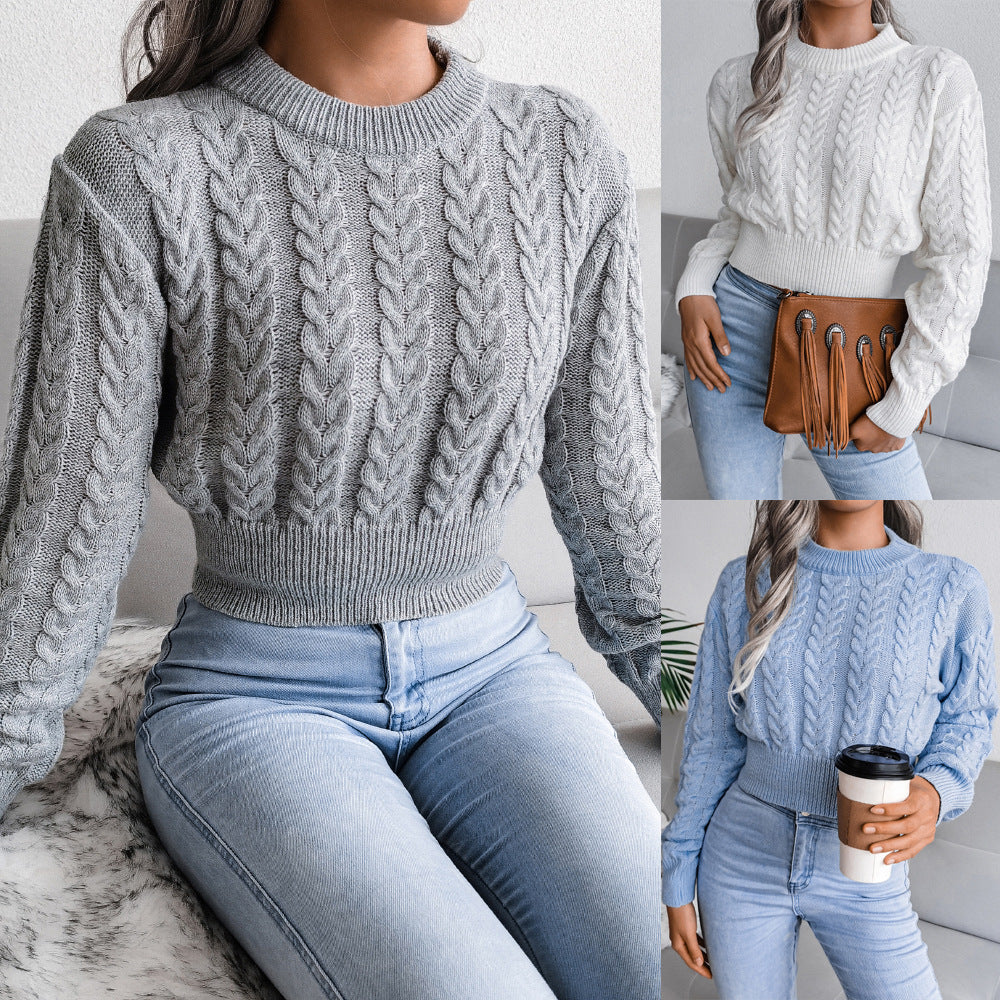 Pullover damski z warkoczowym splotem i krojem cropped | L&V - 5 - Livia-Moda