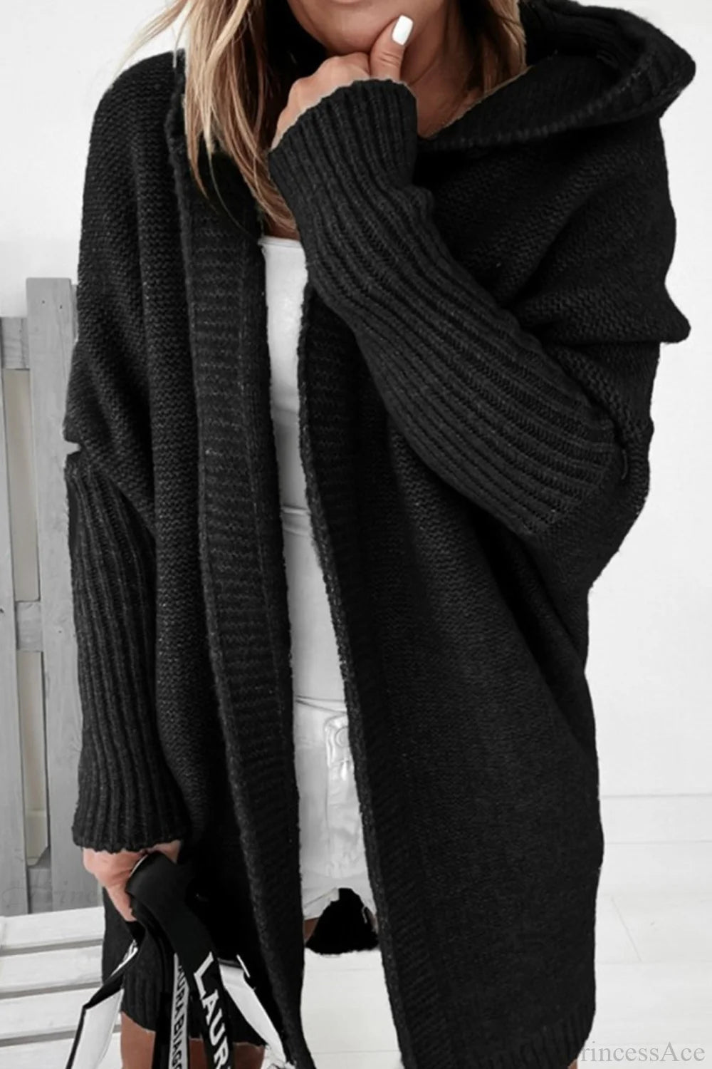 Cardigan damski z kapturem, luźny fason z długimi rękawami i kieszeniami | L&V - 4 - Livia-Moda