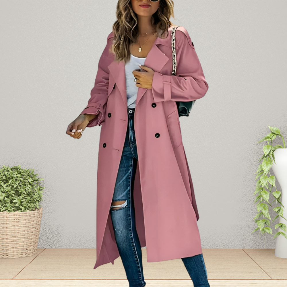 Trench Coat Damski z podwójnym zapięciem i klasycznym kołnierzem | L&V - 1 - Livia-Moda