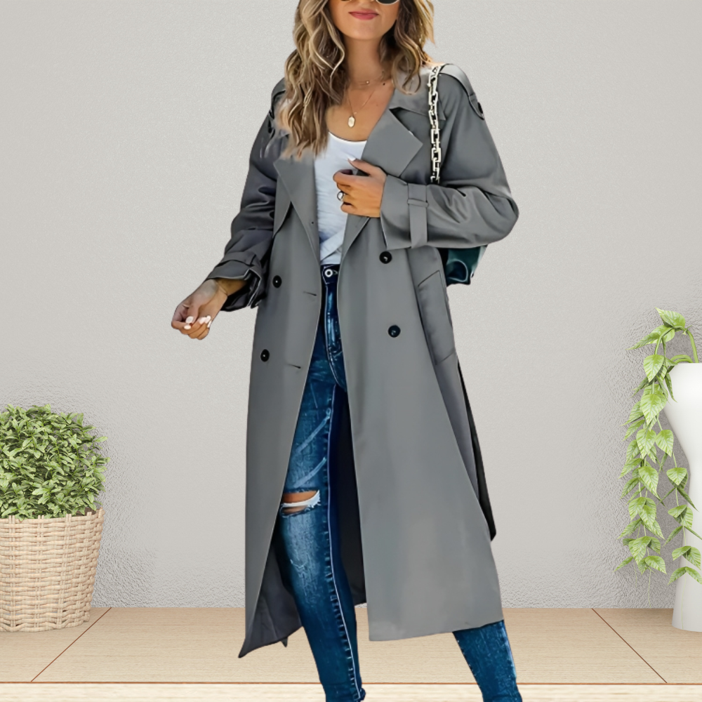 Trench Coat Damski z podwójnym zapięciem i klasycznym kołnierzem | L&V - 3 - Livia-Moda