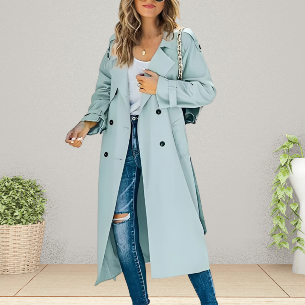 Trench Coat Damski z podwójnym zapięciem i klasycznym kołnierzem | L&V - 4 - Livia-Moda