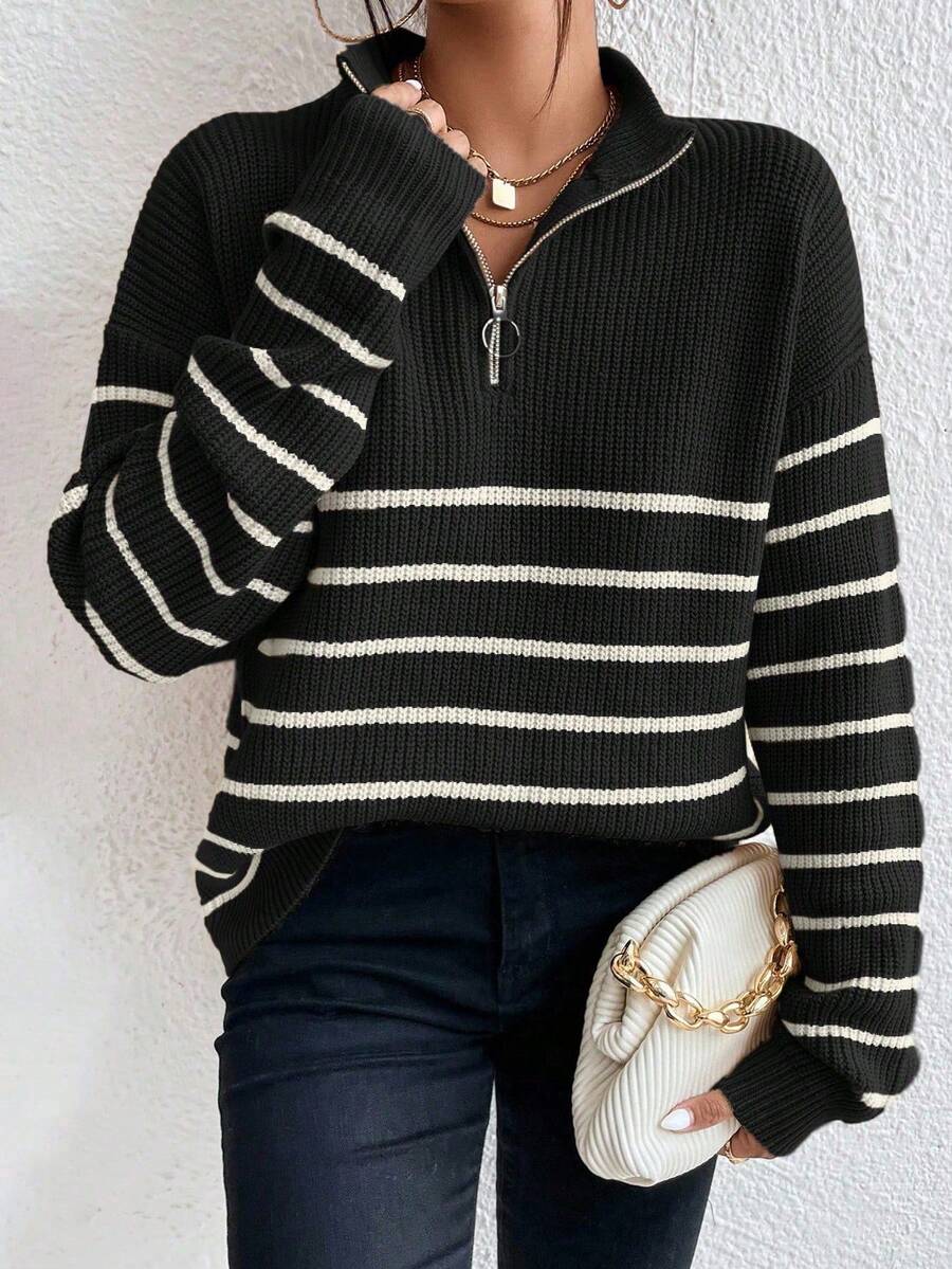 Pullover damski z półzamkiem i paskami | L&V - 3 - Livia-Moda