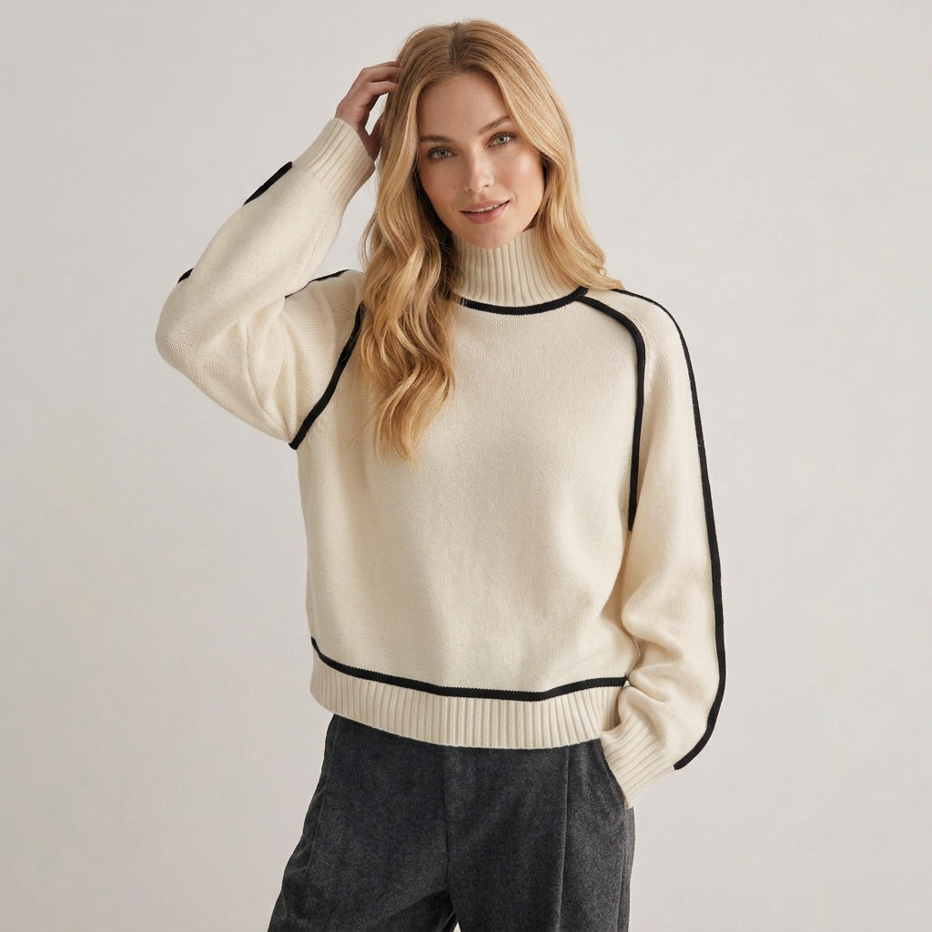 Pullover damski z kołnierzem stójkowym i kontrastującymi detalami | L&V - 2 - Livia-Moda
