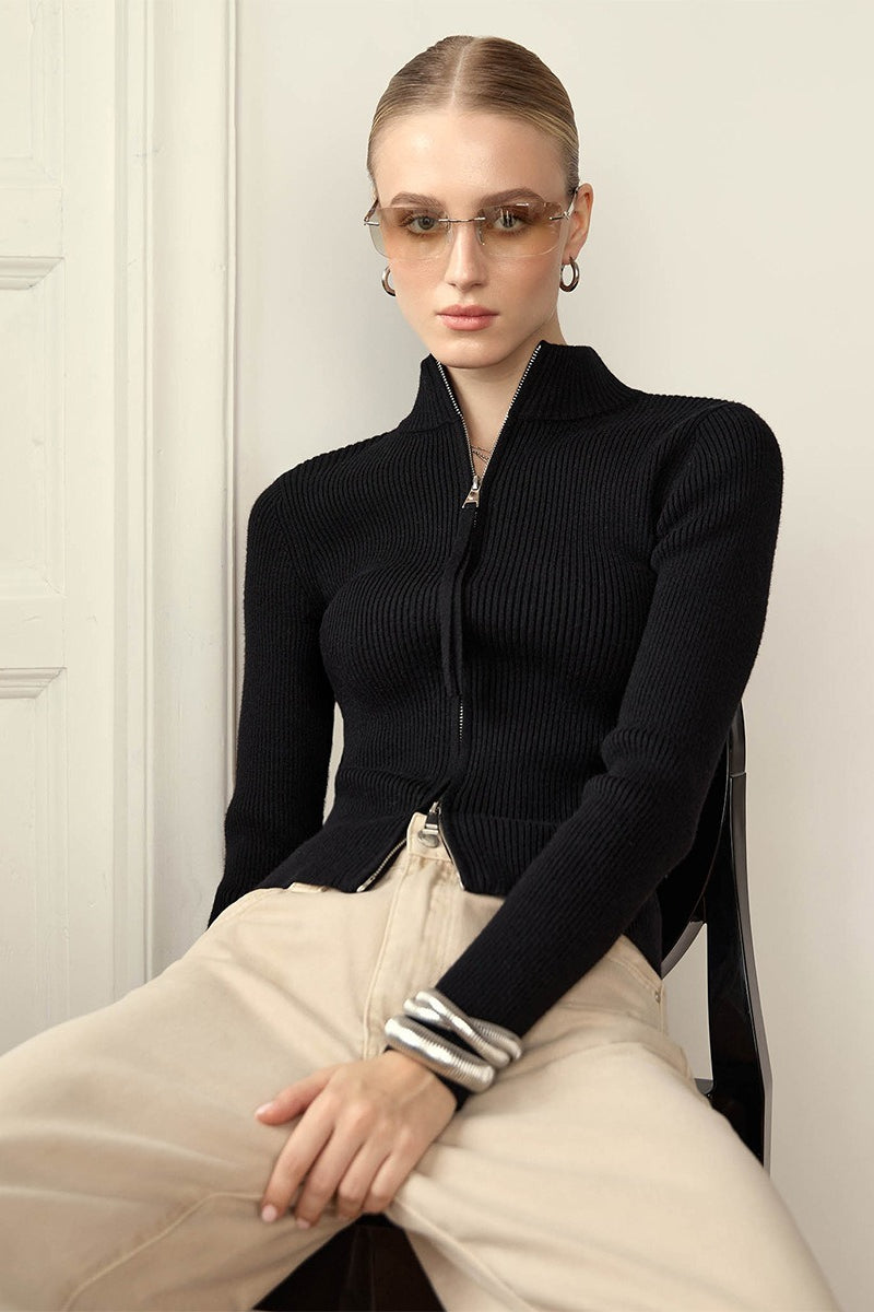 Cardigan damski z kołnierzem i zamkiem błyskawicznym | L&V - 3 - Livia-Moda