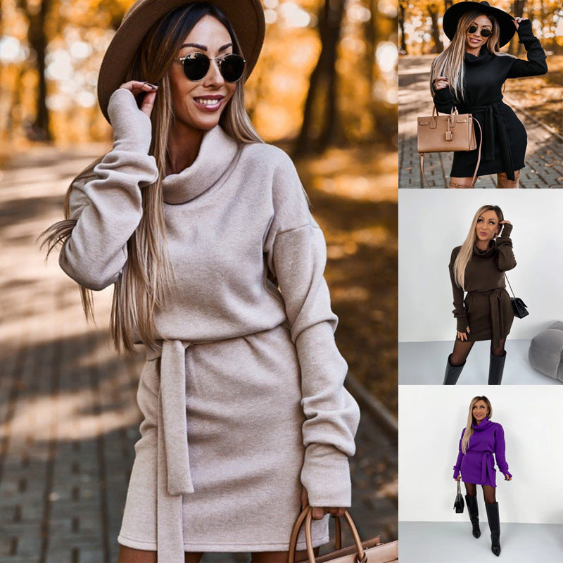 Sukienka damska z wysokim kołnierzem i paskiem | L&V - 4 - Livia-Moda