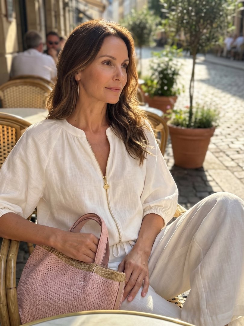 Dwuczęściowy zestaw damski o luźnym kroju z bufiastymi rękawami i spodniami - J&B; - 17 - Livia-Moda