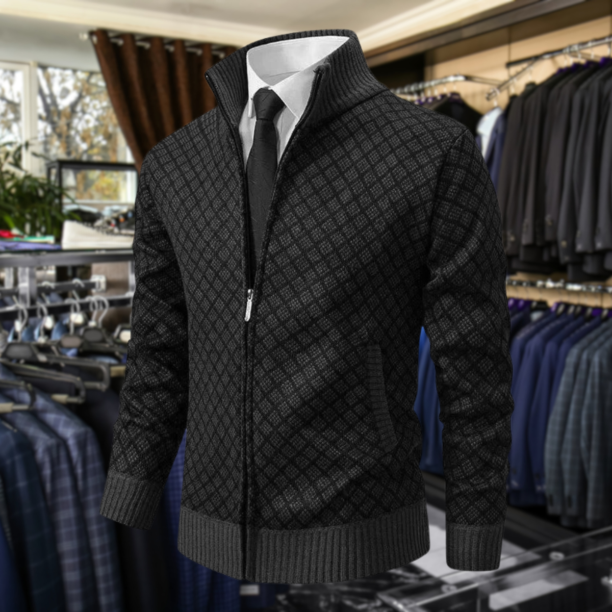 Jakub – Męski sweter zapinany na zamek z eleganckim geometrycznym wzorem