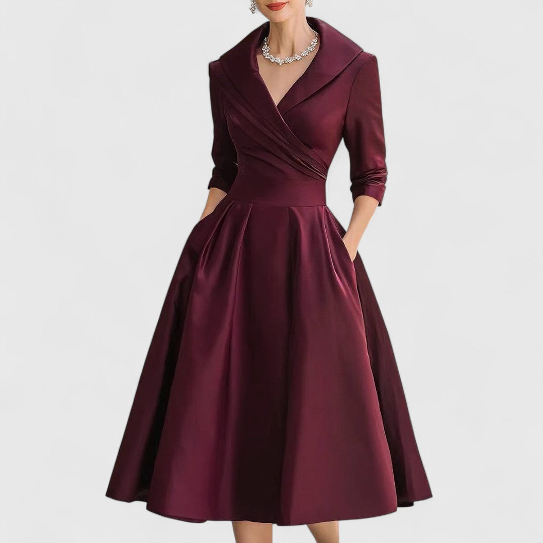 Beatriz – Elegancka sukienka midi z kołnierzem i kopertową górą