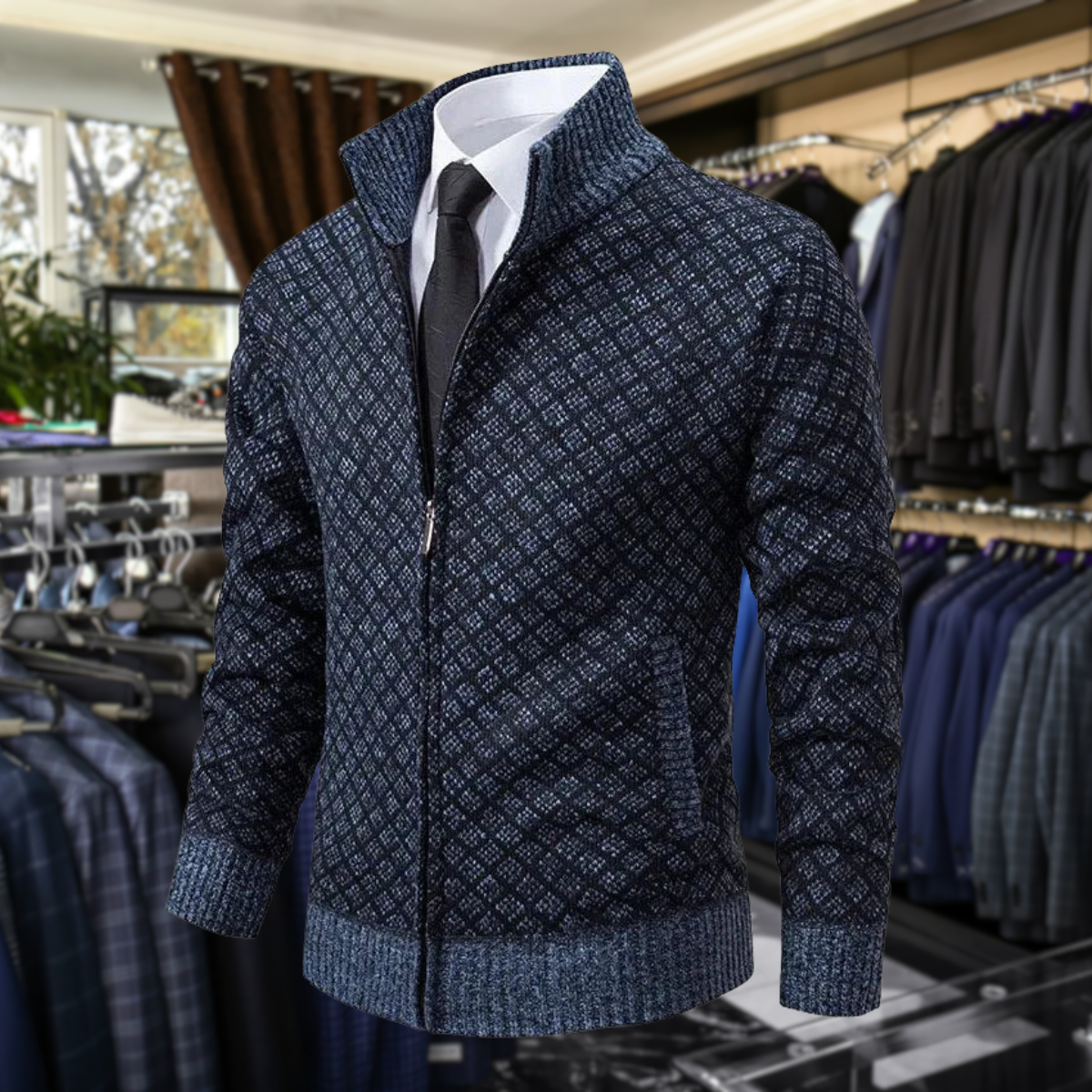 Jakub – Męski sweter zapinany na zamek z eleganckim geometrycznym wzorem