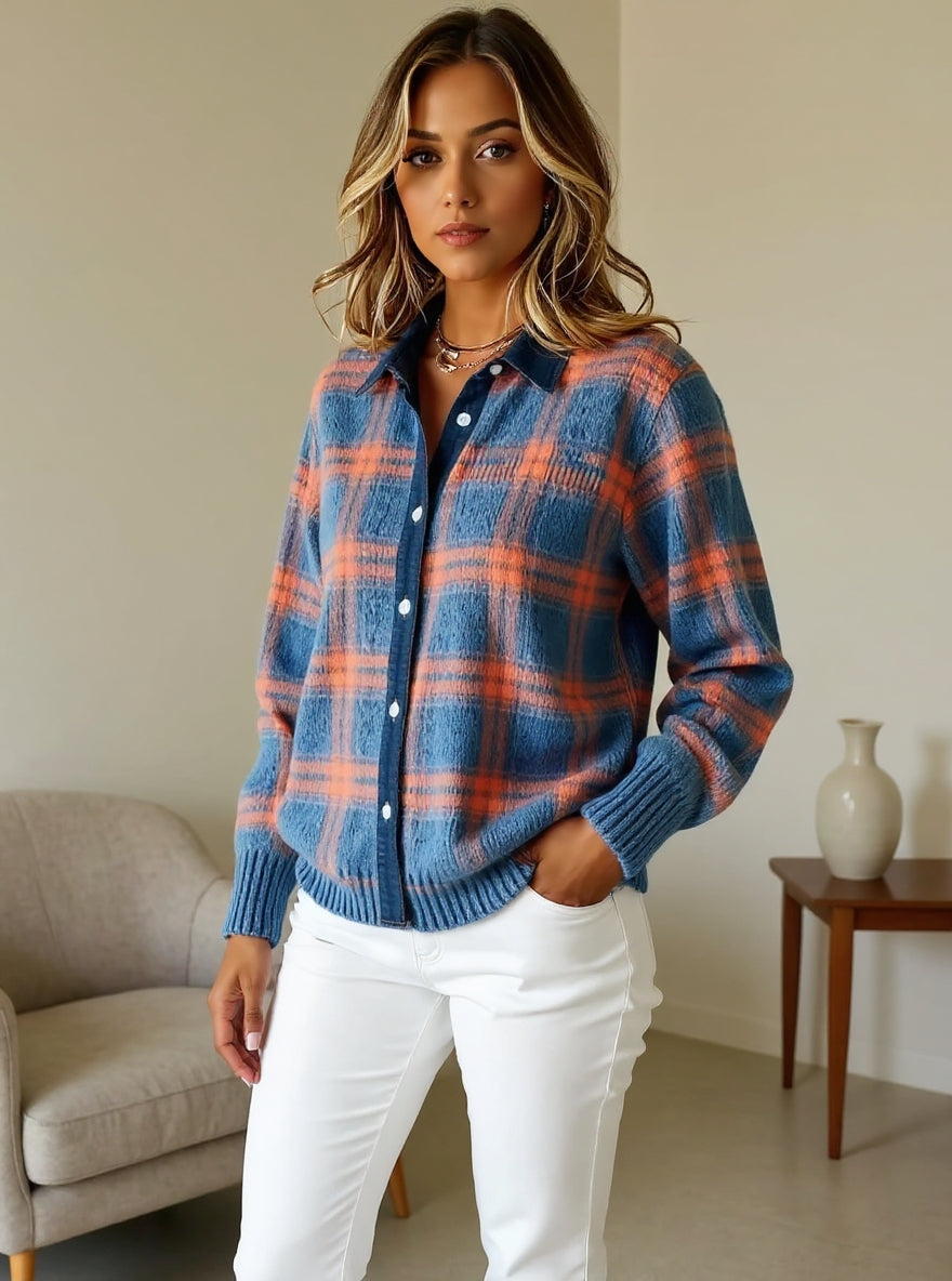 Chloe – Damski jesienno-zimowy sweter koszulowy w miękką kratę
