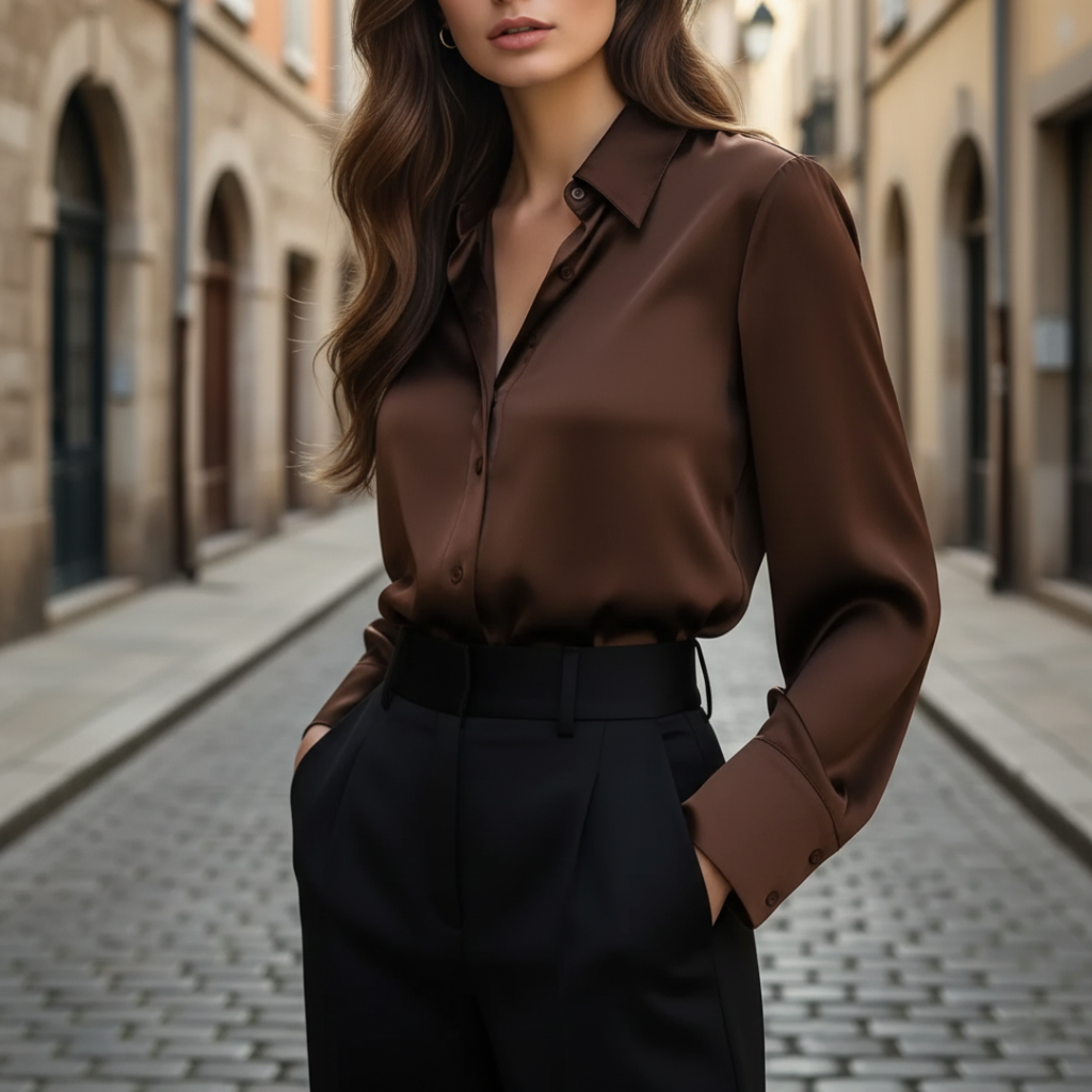 Annemarie – Women Satin Blouse with Long Sleeves - Image 1