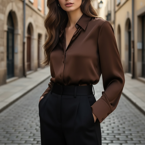 Annemarie – Women Satin Blouse with Long Sleeves - Image 1