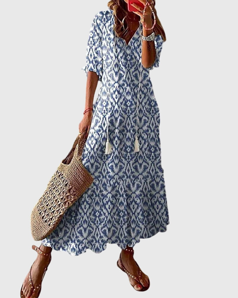 Ilka – V-neck With  Tassel Mid-sleeve Dress - Image 1