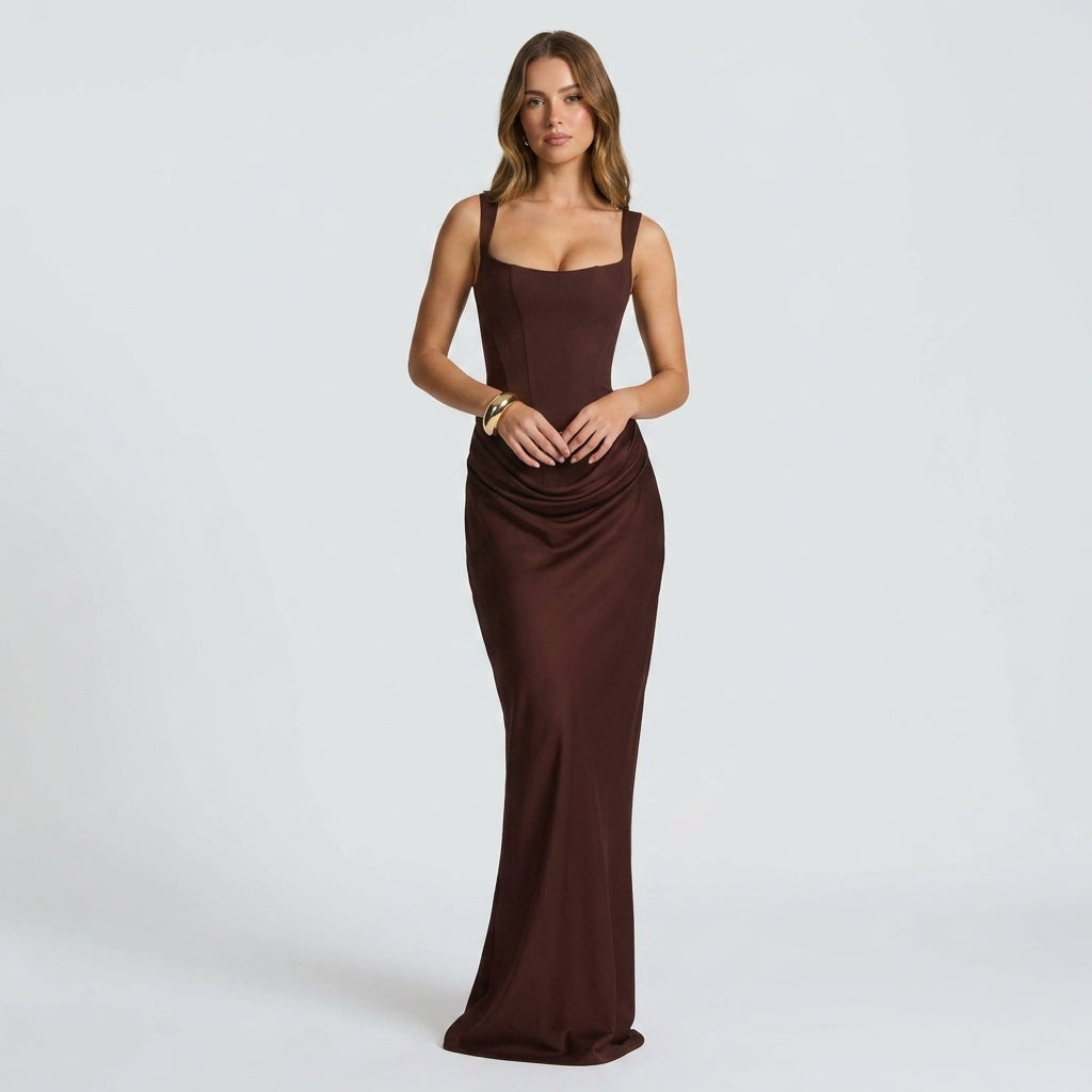 Elegant Women's Maxi Dress in Rich Chocolate Brown with Flattering Draped Detail - Image 1