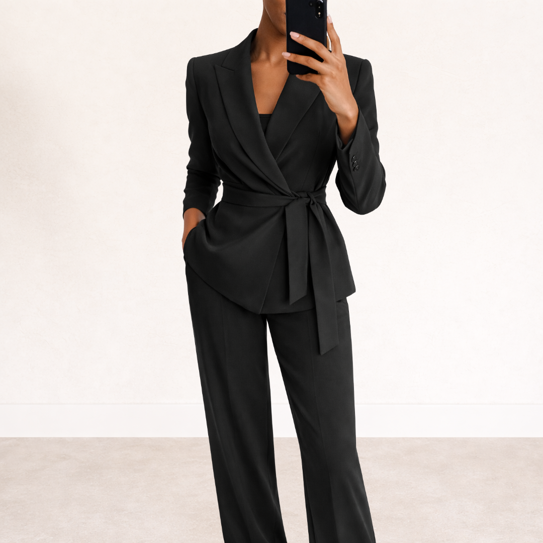 Two-Piece Set Women's Tailored Blazer and Wide-Leg Pants with Tie Waist - Image 1