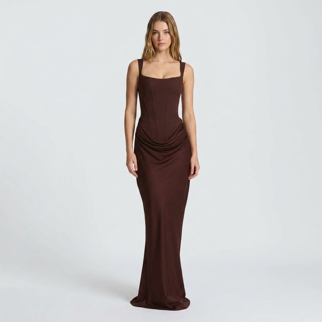 Elegant Women's Maxi Dress in Rich Chocolate Brown with Flattering Draped Detail - Image 2