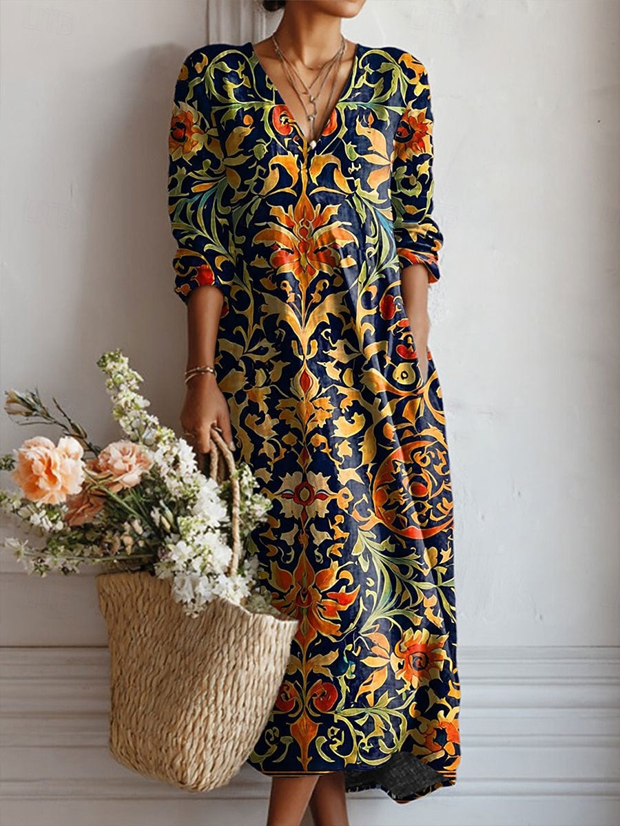 Victoria –  Boho Baroque Scroll V-Neck Dress - Image 1