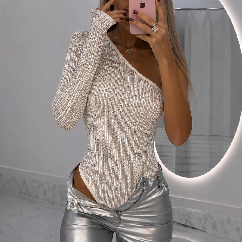 Monika – Damskie body wieczorowe z połyskiem i jednym rękawem