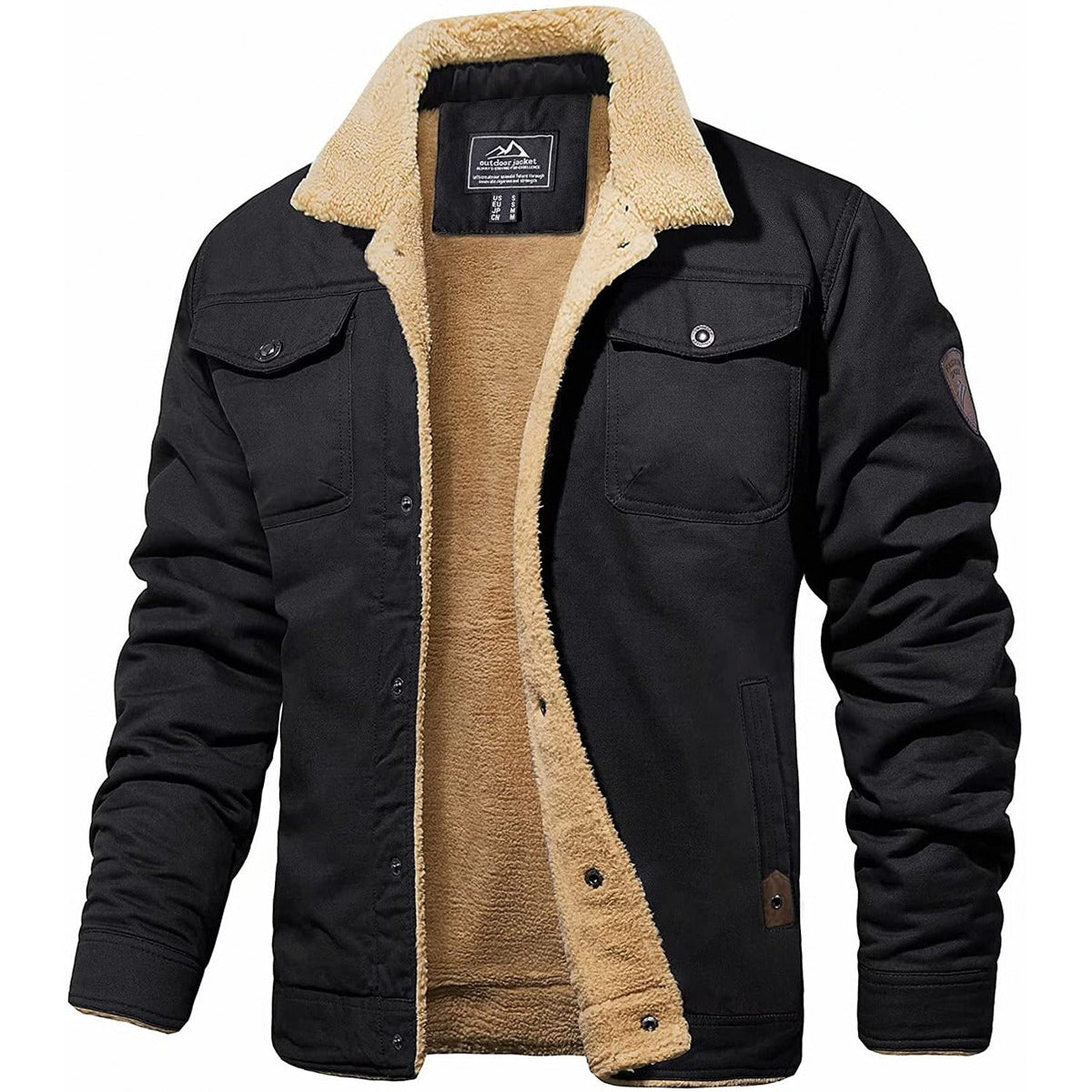 Mørk grå bomberjakke med beige fôr, to brystlommer og knappelukking. Perfekt for vinter, stilren og varm ytterjakke for menn.