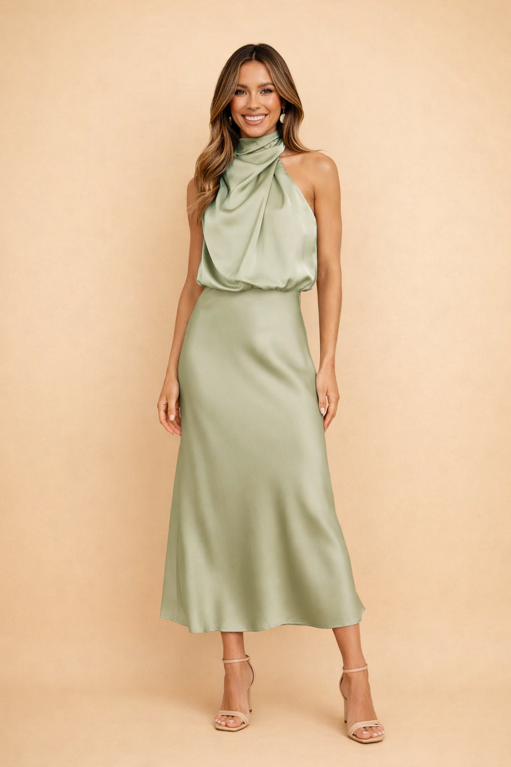 Halterneck Midi Dress Women's Silky Look with Flattering Drape - Image 3