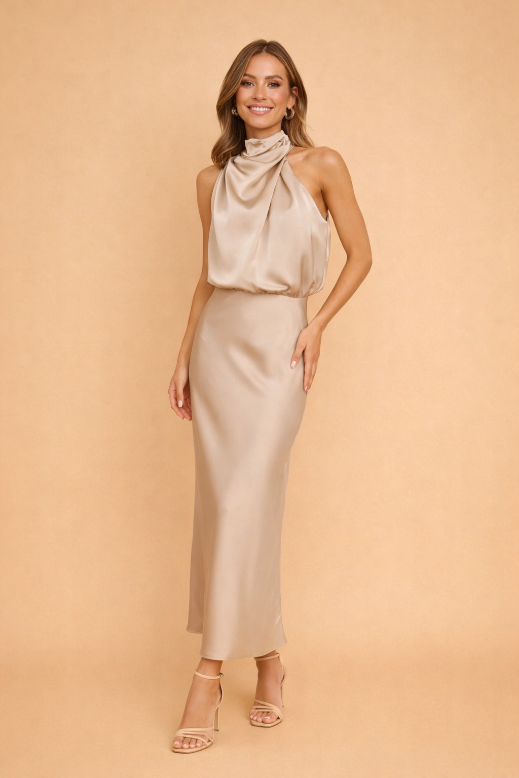 Halterneck Midi Dress Women's Silky Look with Flattering Drape - Image 2