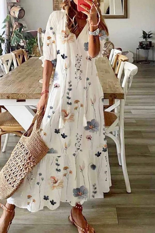 Hazel –  Floral Tassel V-Neck Dress - Image 1