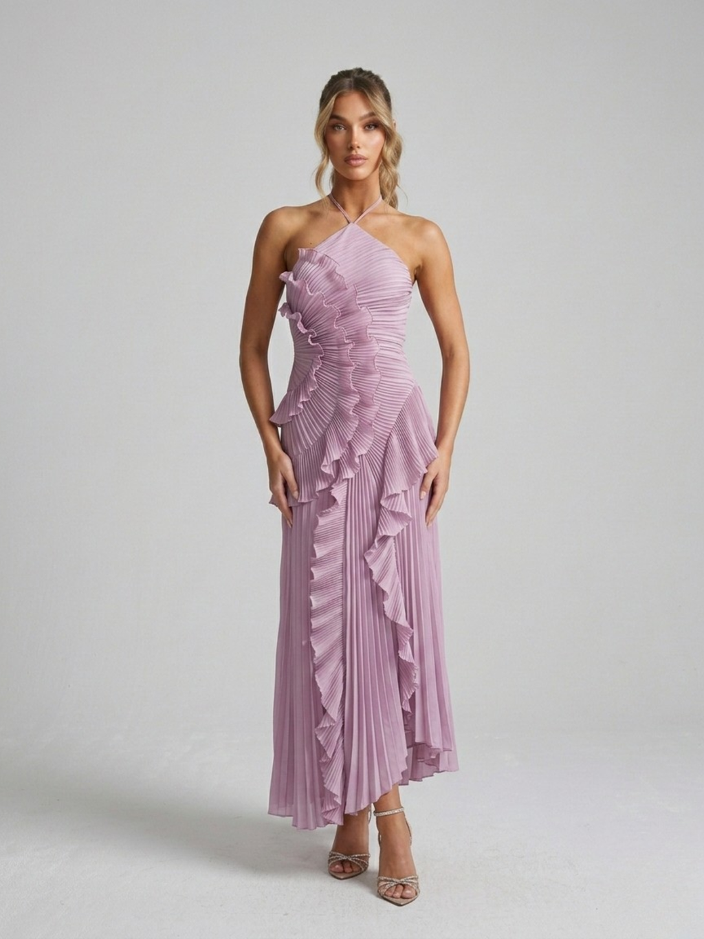 Nicole – Pleated Ruffle Halterneck  Dress - Image 1
